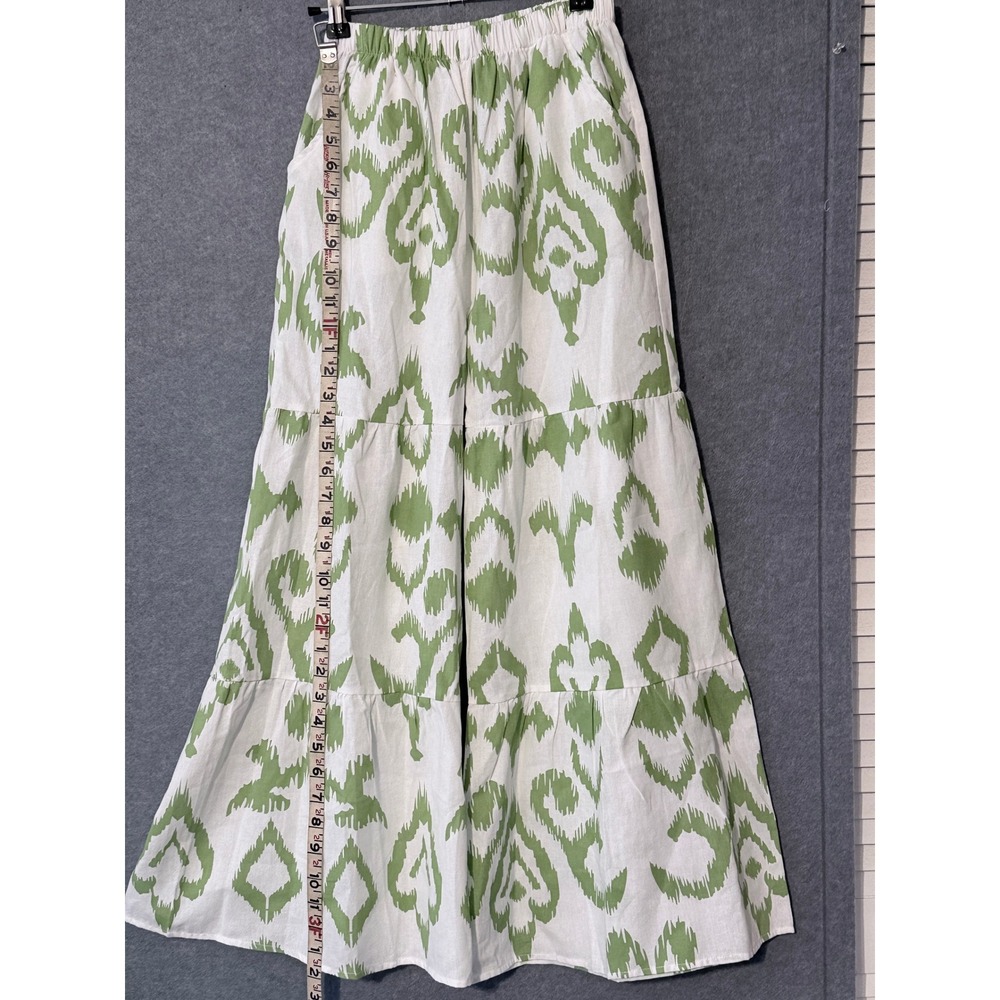 Seaspice Resort Wear Pant S Green White Ikat Boho Tiered Peruvian Cotton NW1856 - Picture 2 of 8
